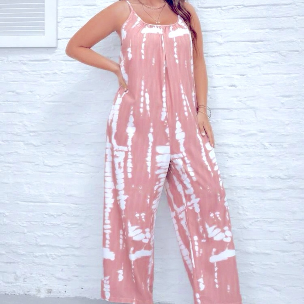 SHEIN Dusty Rose & White Tie-Dye Spaghetti Strap Wide-Leg Jumpsuit